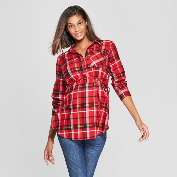 Maternity Plaid Flannel Popover Tunic - Isabel Maternity By Ingrid & Isabel Red