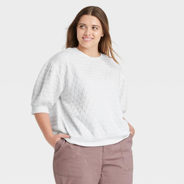Women's Plus Size 3/4 Sleeve Quilted Pullover Sweatshirt - A New Day White