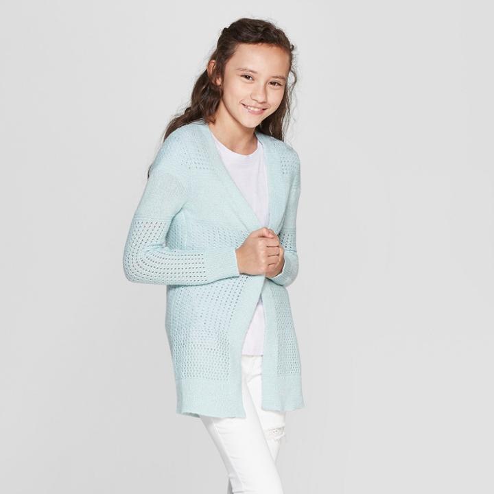 Girls' Long Open Cardigan - Cat & Jack Bleached Aqua