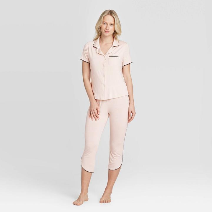 Women's Beautifully Soft Notch Collar Cropped Pajama Set - Stars Above