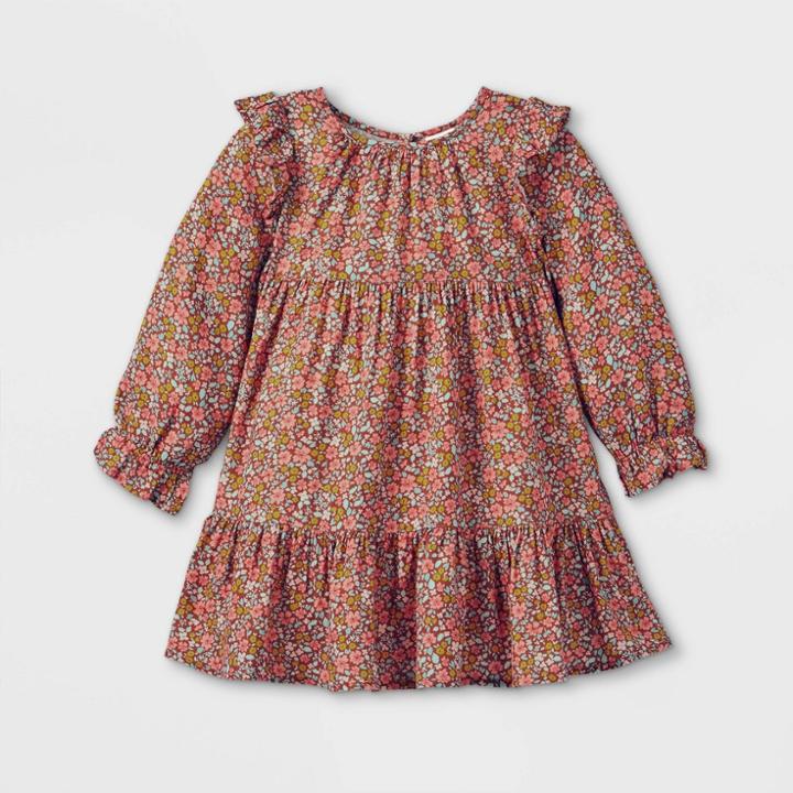 Toddler Girls' Floral Ruffle Long Sleeve Dress - Cat & Jack Brown