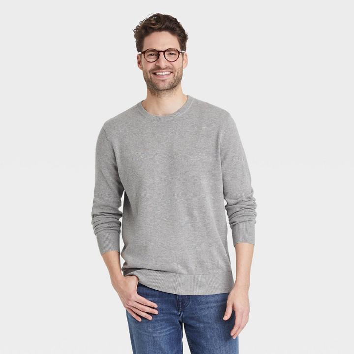 Men's Striped Regular Fit Crewneck Pullover Sweater - Goodfellow & Co Medium Heather Gray