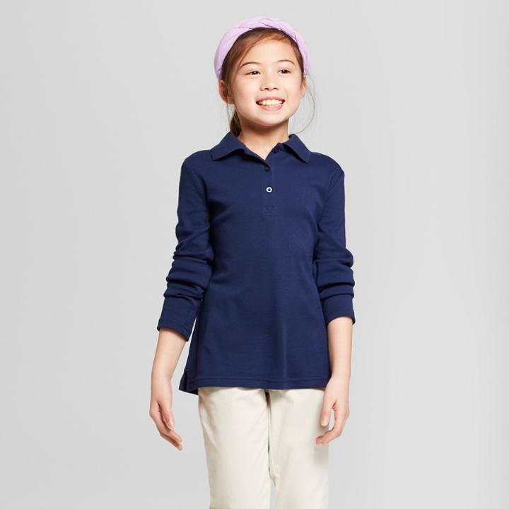 Girls' Long Sleeve Interlock Uniform Polo Shirt - Cat & Jack Navy (blue)