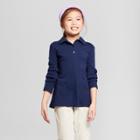 Girls' Long Sleeve Interlock Uniform Polo Shirt - Cat & Jack Navy (blue)