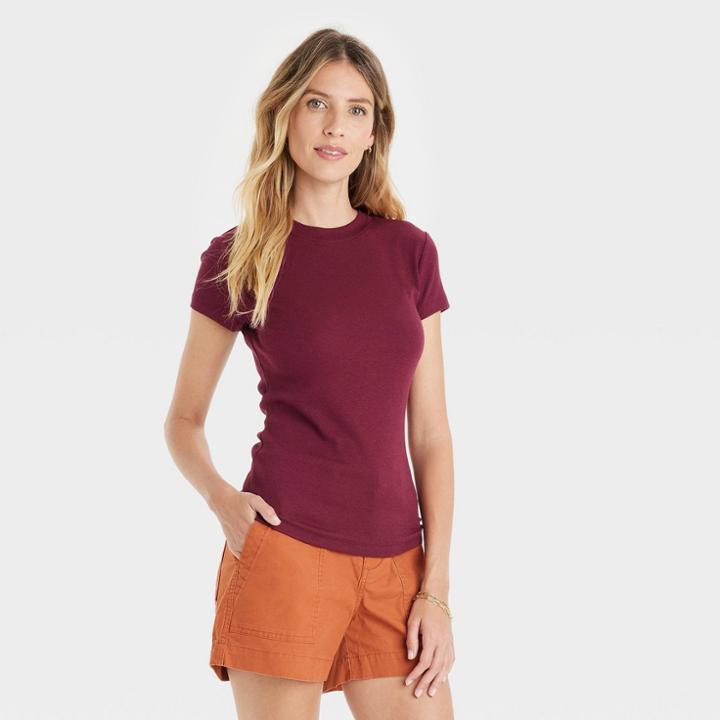 Women's Short Sleeve Slim Fit Ribbed T-shirt - A New Day Burgundy