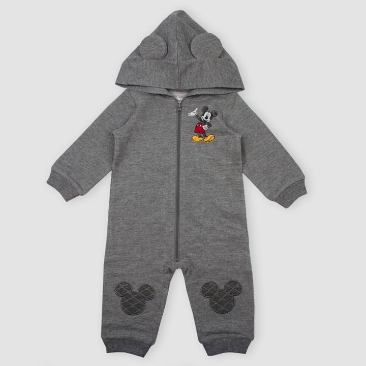 Baby Boys' Disney Mickey Mouse Hooded Zip Romper - Gray