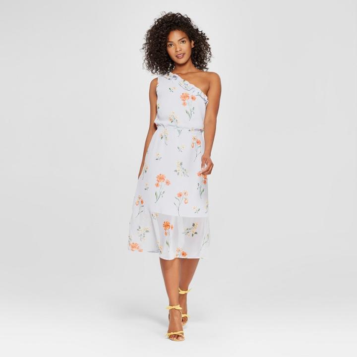 Women's Floral Print One Shoulder Ruffle Midi Dress - Who What Wear Blue