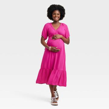 Elbow Sleeve Cinch Waist Woven Maternity Dress - Isabel Maternity By Ingrid & Isabel Rose Red