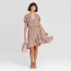 Women's Animal Print Short Sleeve Ruffle Hem Wrap Dress - A New Day Brown