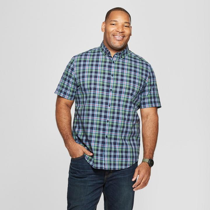 Men's Tall Plaid Standard Fit Short Sleeve Button-down Shirt - Goodfellow & Co Cyber Blue