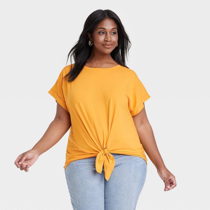 Women's Tie-front Dolman Short Sleeve T-shirt - Ava & Viv Mango Orange