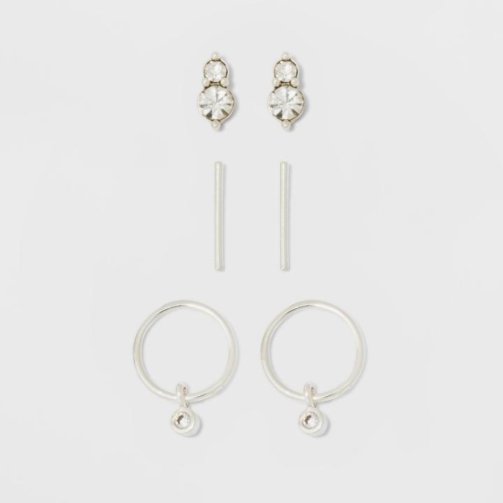 Cubic Zirconia Stud, Open Circle And Bar Earring Set 3ct - A New Day