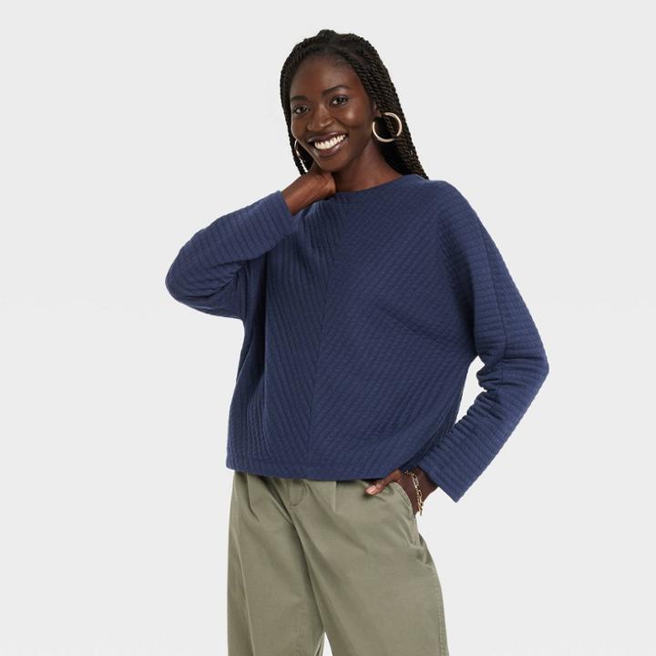Women's Long Sleeve Boat Neck Ottoman Top - A New Day Navy