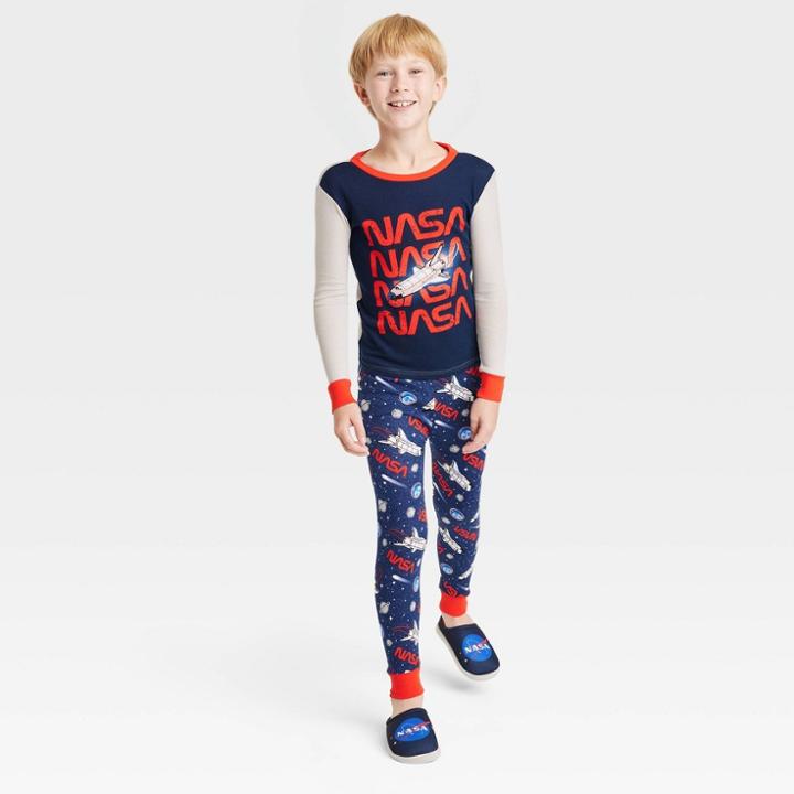 Boys' Nasa 2pc Snug Fit Pajama Set With Slippers - Red/navy Blue/gray