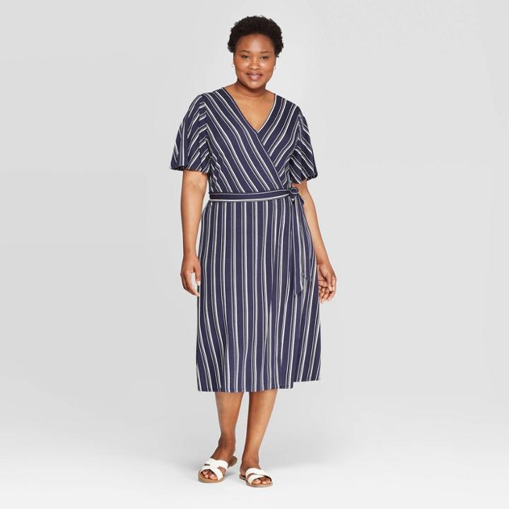 Women's Plus Size Striped Short Sleeve V-neck Knit Wrap A-line Dress - Ava & Viv Navy