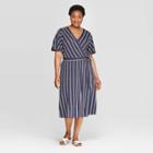 Women's Plus Size Striped Short Sleeve V-neck Knit Wrap A-line Dress - Ava & Viv Navy