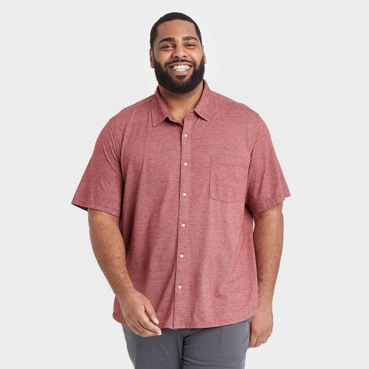 Men's Tall Striped Standard Fit Short Sleeve Button-down Shirt - Goodfellow & Co Cherry Red/striped