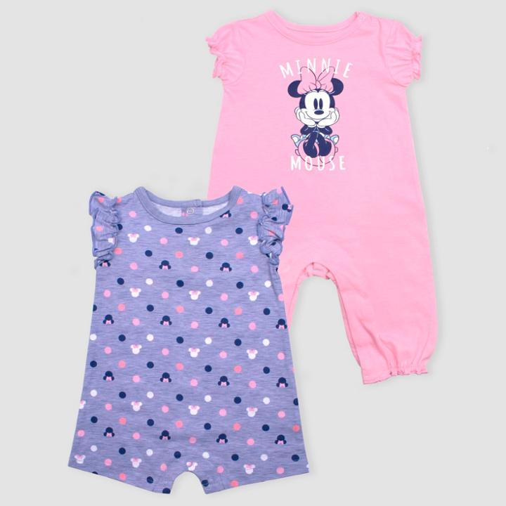 Baby Girls' Disney Minnie Mouse 2pk Rompers - Pink/purple 0-3m, Girl's, Orange