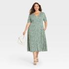 Women's Plus Size Short Sleeve Button-front Dress - Ava & Viv Green Floral X