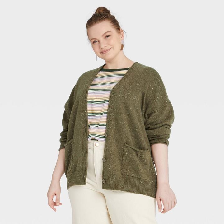 Women's Plus Size Button-front Grandpa Cardigan - Universal Thread Olive Green