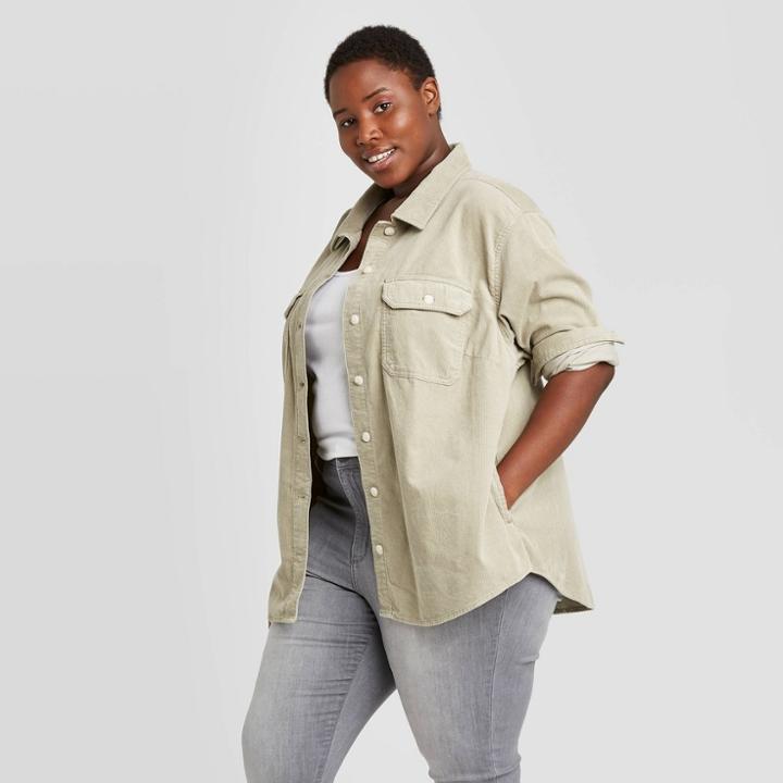 Women's Plus Size Corduroy Cord Chore Shacket - Universal Thread Green