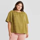 Women's Plus Size Jacquard Short Sleeve Round Neck Woven T-shirt - A New Day Olive