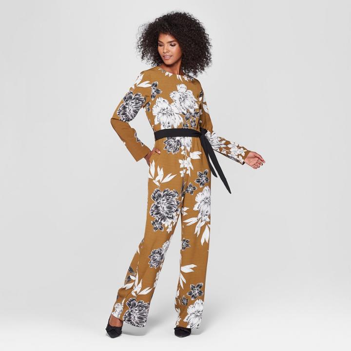 Women's Floral Print Long Sleeve Crew Neck Jumpsuit - Who What Wear Brown Xs, Brown Floral
