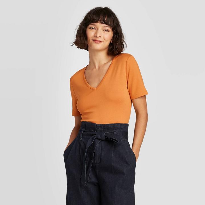 Women's Slim Fit Short Sleeve V-neck Fitted T-shirt - A New Day Orange