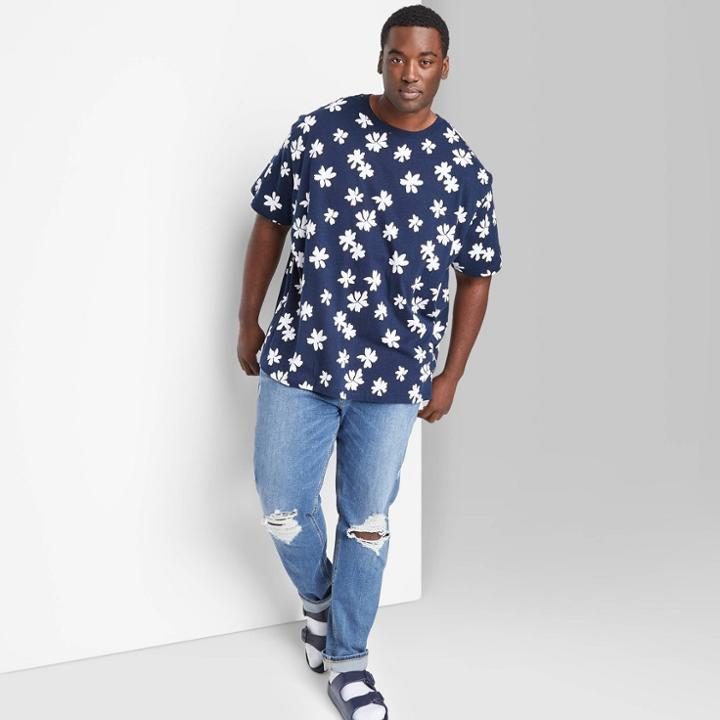 Men's Big & Tall Floral Print Short Sleeve T-shirt - Original Use Navy Blue