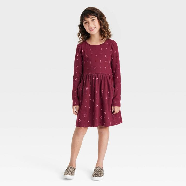 Girls' Printed Long Sleeve Knit Dress - Cat & Jack Burgundy