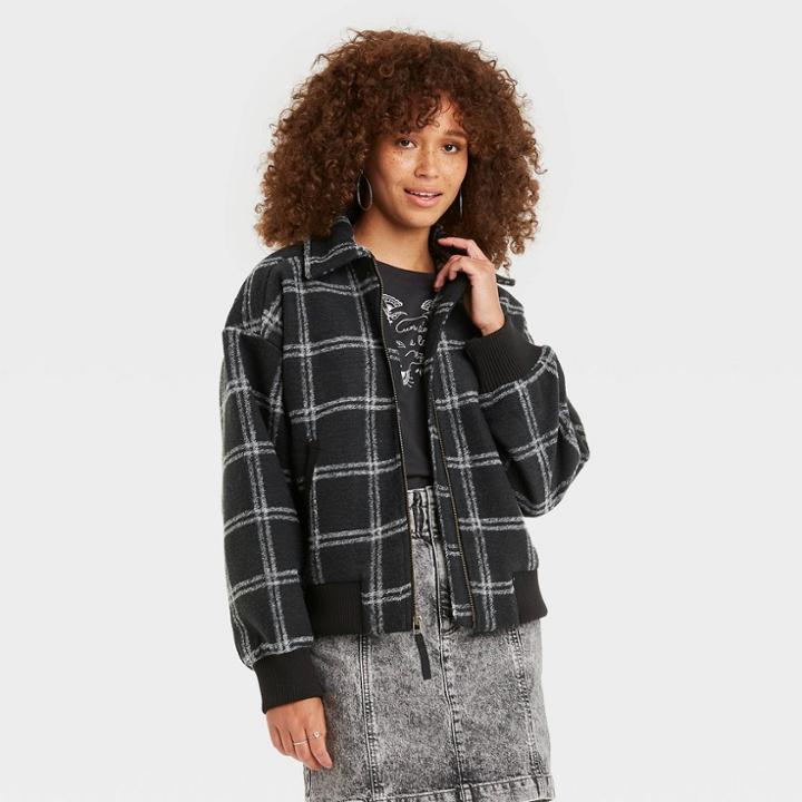 Women's Plaid Knit Bomber Jacket - Universal Thread Hematite