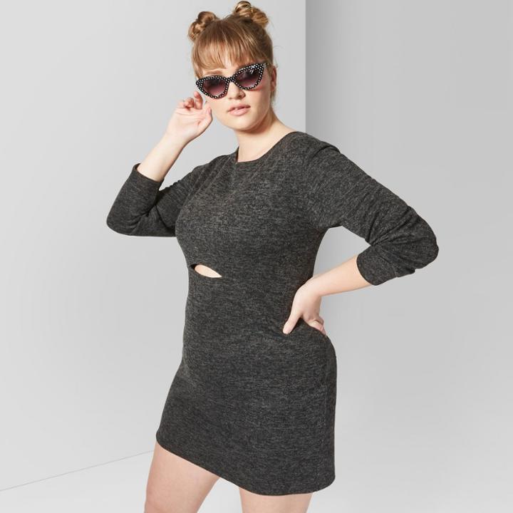 Women's Plus Size Long Sleeve Peekaboo Knit Mini Dress - Wild Fable Black