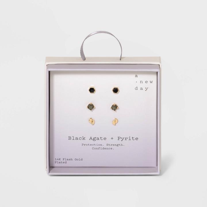Silver Plated Semi-precious Stud Earring Set 3pc - A New Day Black Agate