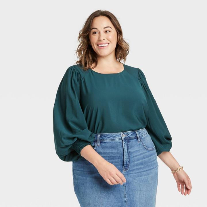 Women's Plus Size Crewneck Balloon Long Sleeve Flannel Blouse - Ava & Viv Teal X, Blue