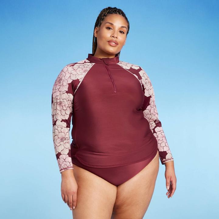 Women's Plus Size Long Sleeve Mock Neck Rashguard - All In Motion Burgundy Floral