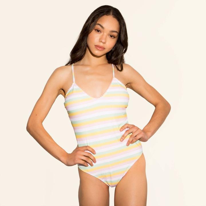 Women's Pom Pom Trim One Piece Swimsuit - Sugar Coast By Lolli Yellow