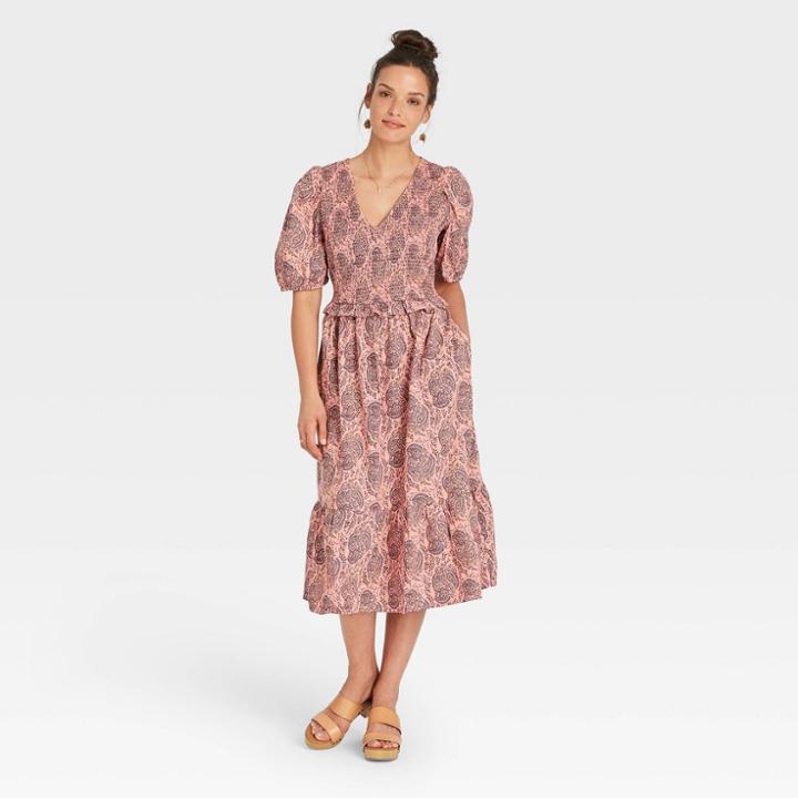 Women's Puff Short Sleeve Smocked Dress - Universal Thread Pink Xs Floral Print
