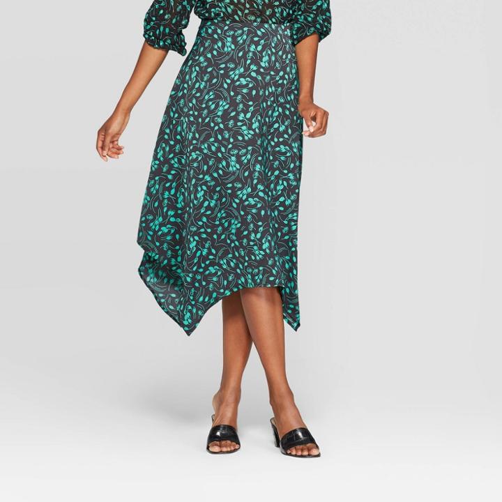 Women's Floral Print Mid-rise Scarf Hem Midi Skirt - Who What Wear Black