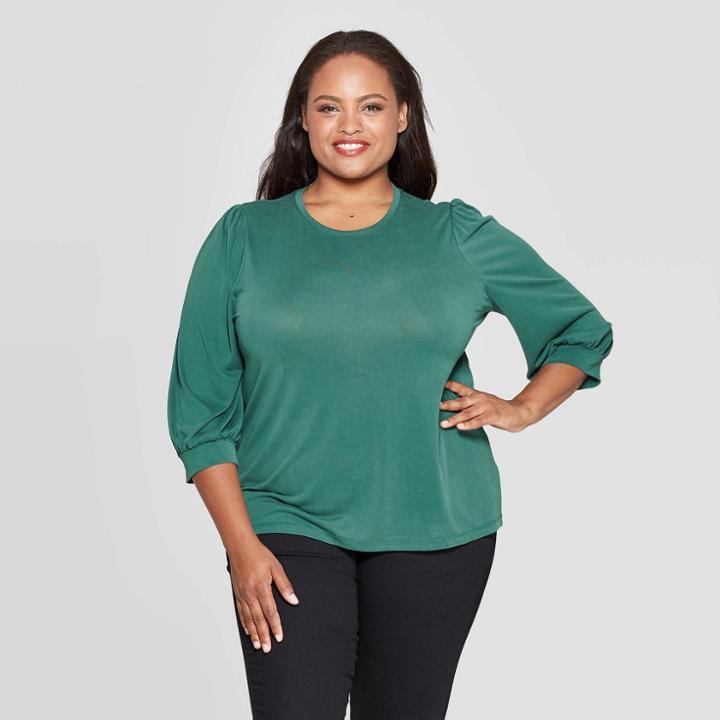 Women's Plus Size 3/4 Sleeve Crewneck Sandwash Top - Ava & Viv Green