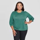 Women's Plus Size 3/4 Sleeve Crewneck Sandwash Top - Ava & Viv Green