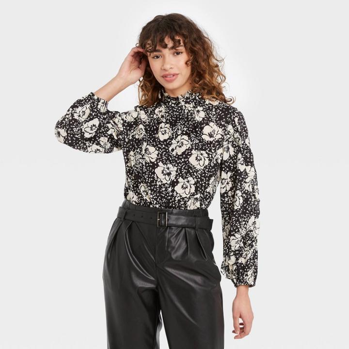 Women's Floral Print Balloon Long Sleeve Cascade Ruffle Top - Who What Wear Black