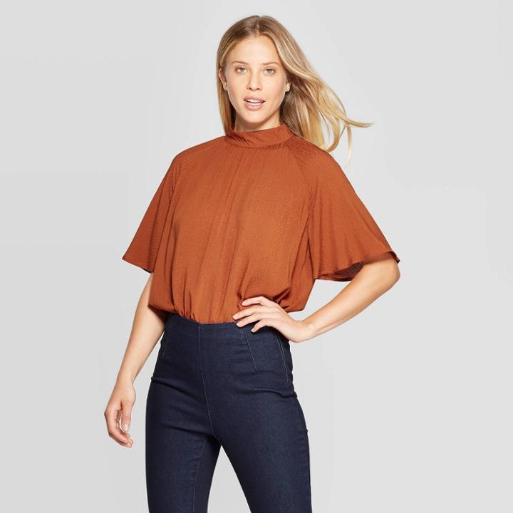 Women's Regular Fit Elbow Sleeve Keyhole Neck Top - A New Day Rust (red)