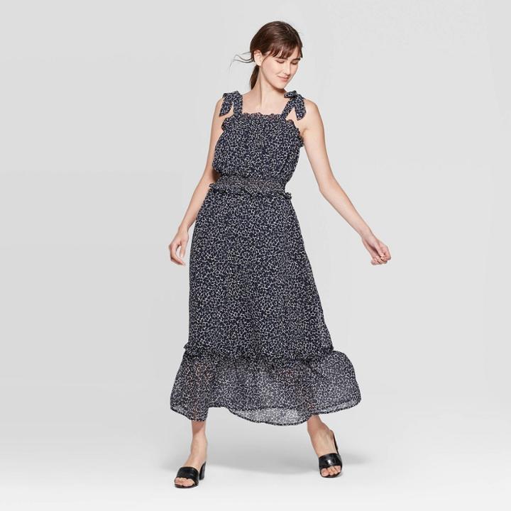 Women's Floral Print Sleeveless Square Neck Shoulder Tie Column Maxi Dress - Who What Wear Black