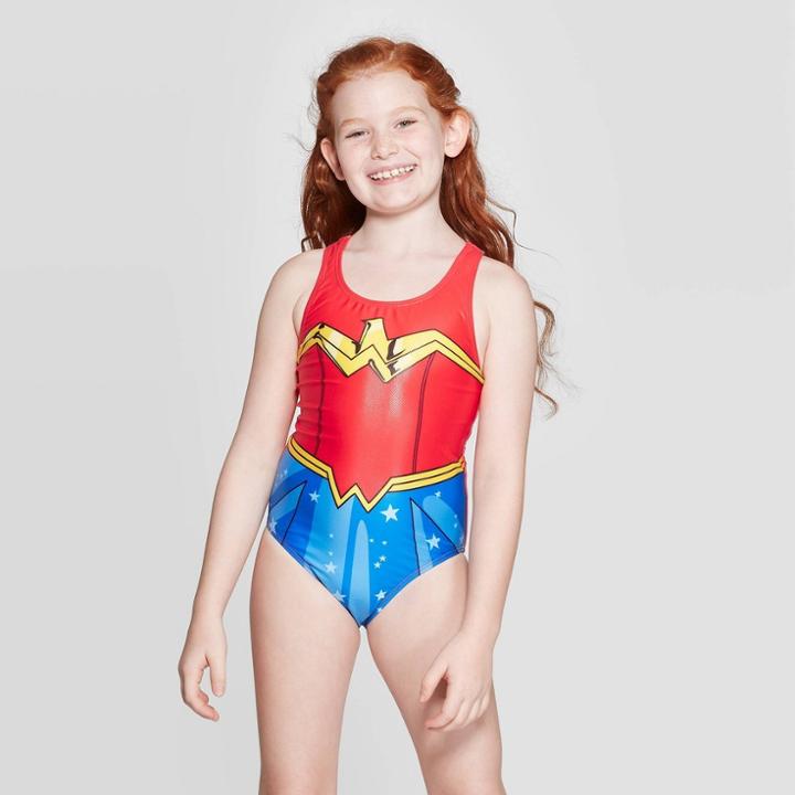 Dc Super Hero Girls Girls' Wonder Woman One Piece Swimsuit - Red M, Girl's, Size: