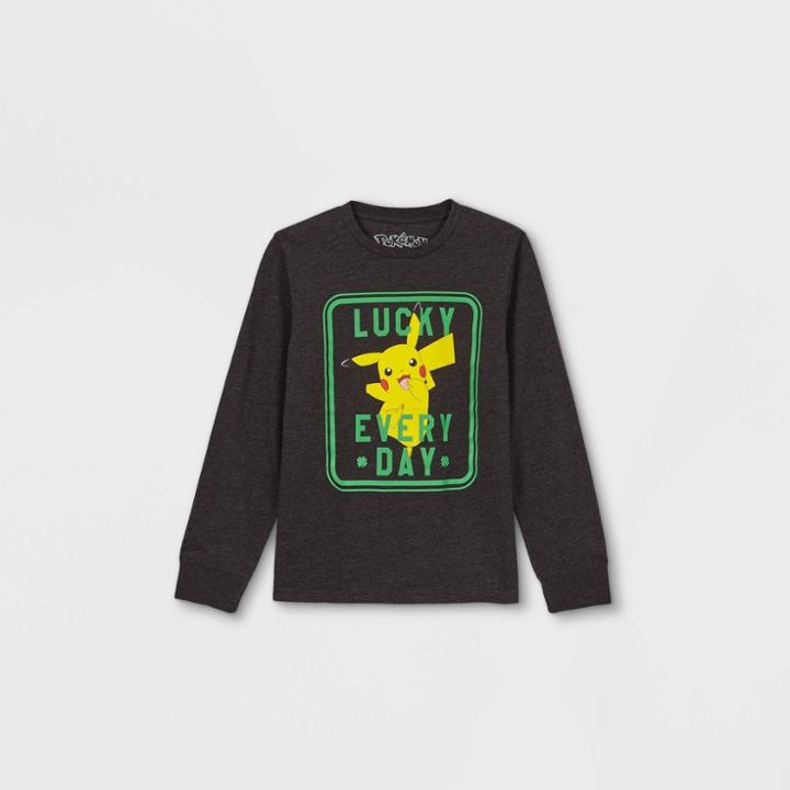 Boys' Pokemon St. Patty's 'lucky Everyday' Long Sleeve Graphic T-shirt - Black