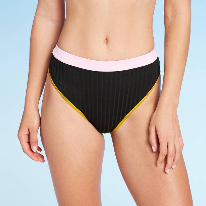 Women's Ribbed Two Toned High Waist Bikini Bottom - Sunn Lab Swim Black S, Women's,