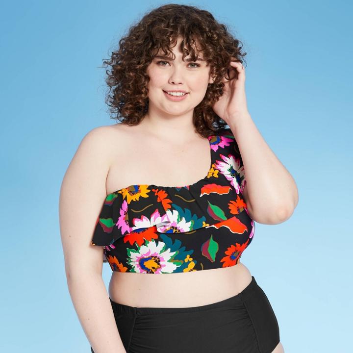 Women's Plus Assymetrical Ruffle Bikini Top - Sea Angel Black Floral 1x, Women's, Size: 1xl,