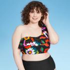 Women's Plus Assymetrical Ruffle Bikini Top - Sea Angel Black Floral 1x, Women's, Size: 1xl,