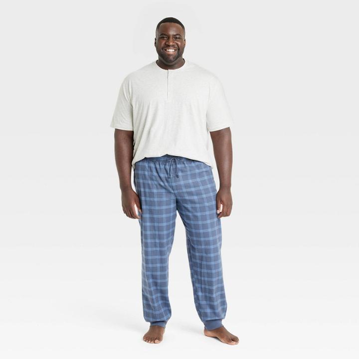 Men's Big & Tall Plaid Short Sleeve Henley + Flannel Jogger Pajama Set - Goodfellow & Co Blue