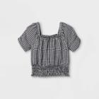 Girls' Smocked Square Neck Gingham Short Sleeve Top - Art Class Black